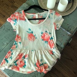 Short Sleeve Cream Peplum Shirt with Flowers